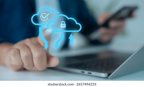 Close-up of hand pointing to cloud upload and lock icon, representing cloud computing, data storage, secure backup, and digital workflow technology.