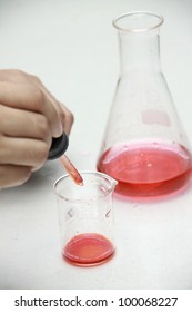 Closeup Of Hand Pouring Liquid Into Beaker