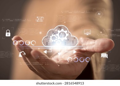 Close-up of a hand presenting AI cloud computing technology with digital automation icons. Concept of artificial intelligence, data processing, cloud services, machine learning, digital transformation