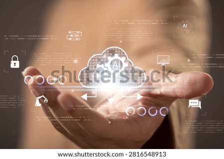 Close-up of a hand presenting AI cloud computing technology with digital automation icons. Concept of artificial intelligence, data processing, cloud services, machine learning, digital transformation
