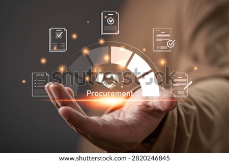 Close-up of a hand presenting a digital procurement workflow with contracts, invoices, and approvals, symbolizing supplier management, purchasing process, procurement strategy, and business operations