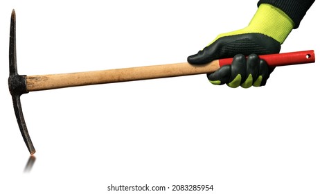 Closeup of a hand with protective work glove holding a Pickaxe or Pick axe, isolated on white background with reflection. Hand tool used for digging.