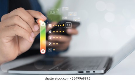 Close-up of hand selecting high customer satisfaction score with star rating bar and smiley face icons on digital interface, representing customer feedback and online reviews. - Powered by Shutterstock - Get 15% off with code: PIKWIZARD15