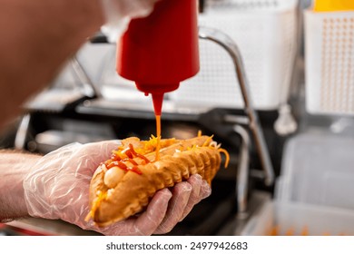 close-up of a hand in transparent glove squeezing ketchup from a bottle onto a hot dog topped with grated cheese. The background is blurred, emphasizing the action. Ideal for food and culinary themes. - Powered by Shutterstock