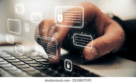 Close-up of a hand typing on a keyboard with cybersecurity lock icons and binary code holograms. Digital interface background. Concept of online security and data protection