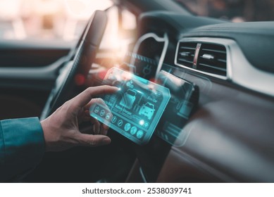 Close-up of a hand using an advanced digital touchscreen in a modern car, showcasing eco-friendly and energy management features. - Powered by Shutterstock