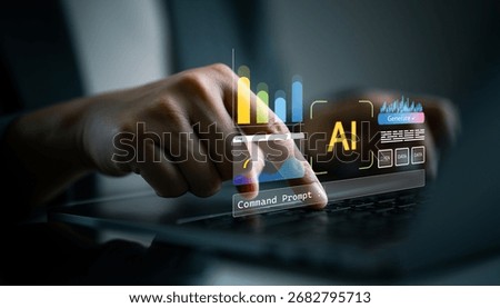 Close-up of hand using AI command prompt interface with data charts and visual analytics. Concept of artificial intelligence, prompt engineering, and smart data-driven generation tools.