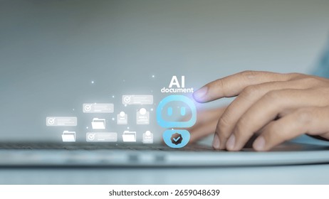 Close-up of a hand using an AI document automation interface on a laptop, symbolizing smart file management, artificial intelligence, and paperless digital workflow in modern business. - Powered by Shutterstock - Get 15% off with code: PIKWIZARD15
