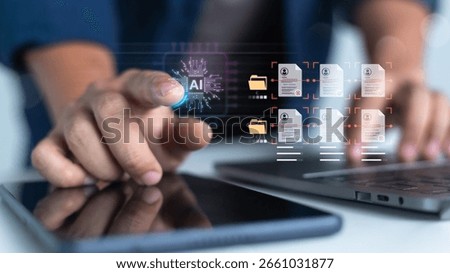 Close-up of a hand using an AI document processing system on a touch screen interface. Concept of data automation, smart file analysis, and digital document sorting.