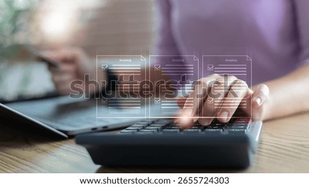 Close-up of a hand using a calculator with floating invoice icons, showing digital billing, online invoice management, accounting tasks, and finance operations.