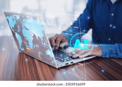 Closeup hand using computer laptop with futuristic digital interface displaying AI technology, symbolizing the integration of artificial intelligence in modern business solutions.