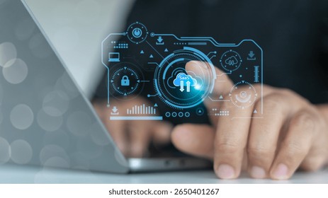 Close-up hand using laptop with SaaS cloud computing and cyber security digital interface, concept of software as a service and data technology.
