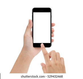 Close-up Hand Using Phone Mobile Isolated On White, Mock Up Smartphone Blank Screen Easy Adjustment With Clipping Path