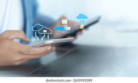 Close-up hand using a smartphone for cloud file transfer with upload and download icons. Concept of digital storage, backup, and wireless data synchronization.