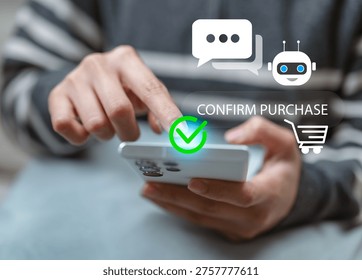Close-up of hand using smartphone to confirm online purchase with chatbot assistant and secure payment interface. Concept of mobile ecommerce, digital transaction, and seamless user experience.