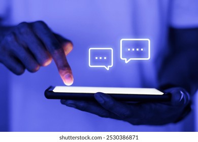 A close-up of a hand using a smartphone, showcasing technology and connectivity in a modern, digital connection communication. This image emphasizes digital communication and technology on device.