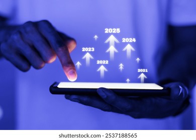 A close-up of a hand using a smartphone, showcasing business growth stats in a modern, digital connection technology. This image emphasizes business growth stats and technology on device.