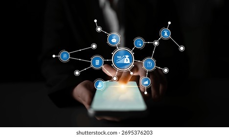 A close-up of a hand using a smartphone, surrounded by digital icons representing various financial applications and services in a modern tech environment. Tessel