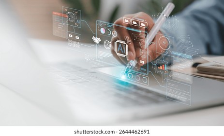 Close-up of hand using stylus on laptop with AI interface dashboard. Concept of artificial intelligence development, machine learning, big data visualization, coding, and tech innovation system.