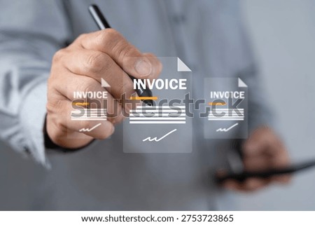 Close-up of a hand using a stylus and tablet with invoice overlays, representing e-invoicing, digital billing, paperless accounting, approval, payment processing, and business workflow.