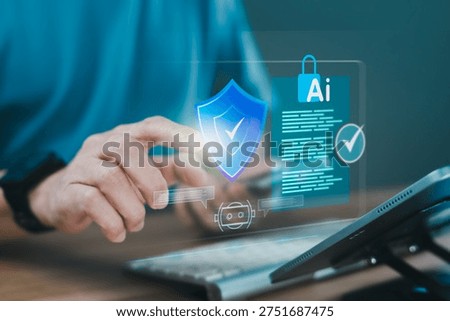 Close-up of hand using tablet with digital shield icon and artificial intelligence document panel for data protection, compliance management, secure system monitoring and cybersecurity technology