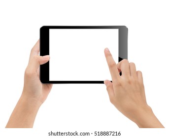 close-up hand using tablet isolated on white clipping path inside, mock-up digital black tablet