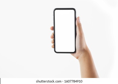 Closeup Hand Woman Holding Black Smartphone Blank Screen Isolate On White Background