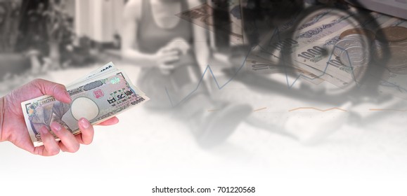 closeup hand woman with Japanese currency yen bank notes on blurred background injury woman wearing sportswear with black splint on leg sitting on floor, Health care and Insurance cost concept.