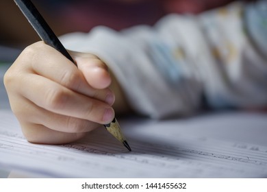 Closeup Hand Writing Paper, Write Something, Kid Doing Homework
