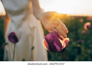 Close-up hand of a young woman touching a lilac poppy - Powered by Shutterstock