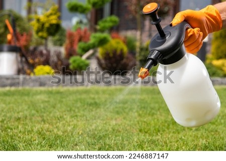 Closeup of Handheld Pump Pesticide Sprayer in Hand of Gardener Performing Lawn Pest-Control Treatment. Garden Maintenance Equipment.