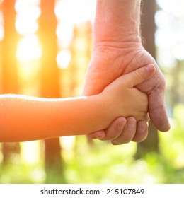 Close-up hands, an adult holding a child's hand, nature and sunset in background.