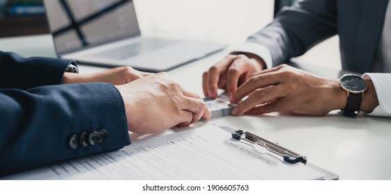 Closeup Hands Banker Giving Cash Money To Businessman, Loan And Credit Financial Lease Concept