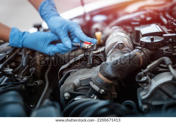 Close-up of the hands of a car mechanic who\
checks the oil in the car engine. Car or vehicle engine inspection\
and maintenance\
technician.