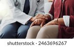 Closeup, hands or care as doctor, patient or healthcare consultation to trust, support or help. People, lab coat or touch as hope, faith or prayer in medical appointment to discuss retirement health