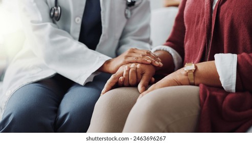 Closeup, hands or care as doctor, patient or healthcare consultation to trust, support or help. People, lab coat or touch as hope, faith or prayer in medical appointment to discuss retirement health