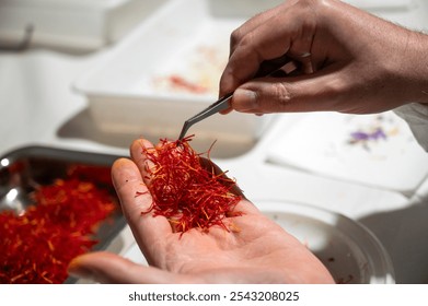 Close-up of hands  carefully handling saffron strands with tweezers - Powered by Shutterstock