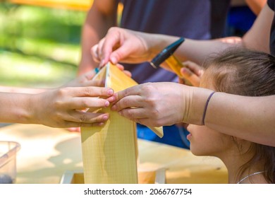 Close-up Of The Hands Of A Child Suffering From A Hammer Birdhouse