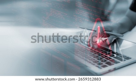 Close-up of hands coding on laptop with red warning alert icon and error code overlay. Concept of software bug, cyber threat, programming issue, system vulnerability, and security breach.