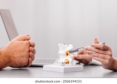 Close-up of a doctor’s hands demonstrating a detailed medical explanation using a spine model. Ideal for showcasing expert knowledge, patient education, and healthcare professionalism. - Powered by Shutterstock