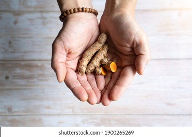 Close-up of hands with fresh turmeric roots, an Indian medicinal spice. - Powered by Shutterstock