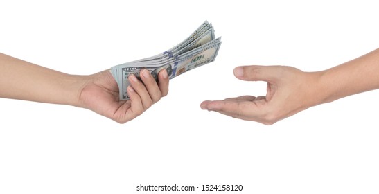 Closeup Hands Giving Money Isolated On White Background