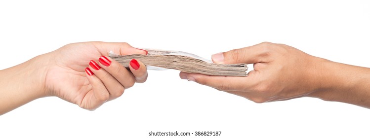 Closeup Hands Giving Money Isolated On White Background