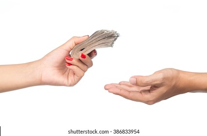 Closeup Hands Giving Money Isolated On White Background