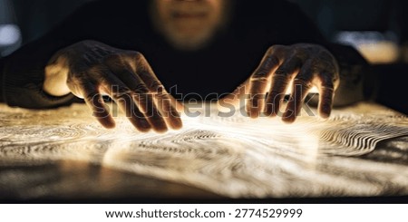 Close-up of hands with glowing light emanating from beneath an ancient map, suggesting discovery or magic.