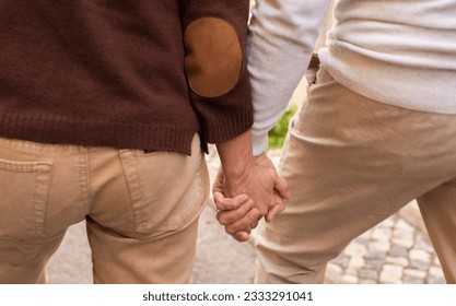 Closeup Of Hands Hold While Senior Couple Walking Outdoors In City, Back View. Cropped Shot Of Unrecognizable Mature Man And Woman Holding Their Hands Symbolizing Lifetime Love - Powered by Shutterstock