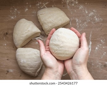 Close-up of hands holding a freshly prepared ball of pizza dough on a floured wooden surface. The dough is soft and ready for shaping - Powered by Shutterstock