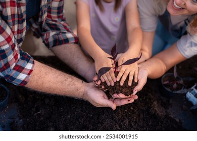 Close-up of a mother’s hands holding soil as father and daughter plant a young seedling together, embodying family collaboration and love for gardening. - Powered by Shutterstock