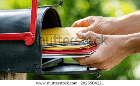 Close-up of hands inserting a thick stack of assorted colored envelopes into a black mailbox. Outdoor setting with green foliage in the background.