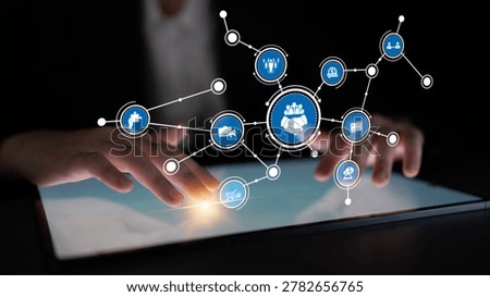Close-up of hands interacting with a tablet screen featuring digital network icons, illustrating themes of connection, technology, and modern communication in a business context. Tessel